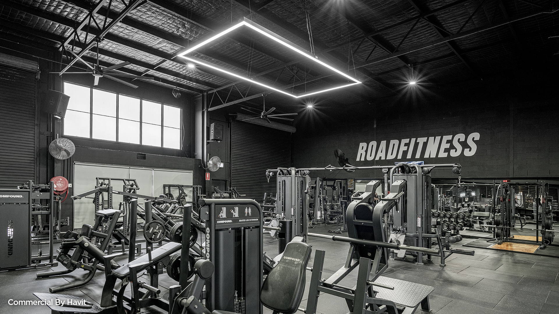 LED Custom made Pendant by Havit Commerical, illuminating the interior of a gym.