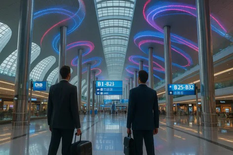 Two businessmen with luggage stand in a bright, modern airport terminal looking at departure gate signs under a futuristic ceiling with colorful lights.