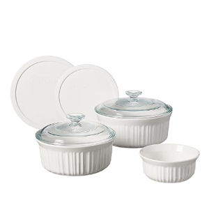 CorningWare French White 7-Pc Ceramic Bakeware Set with Lids, Chip and Crack Resistant Stoneware Baking Dish, Microwave, Dishwasher, Oven, Freezer and Fridge Safe