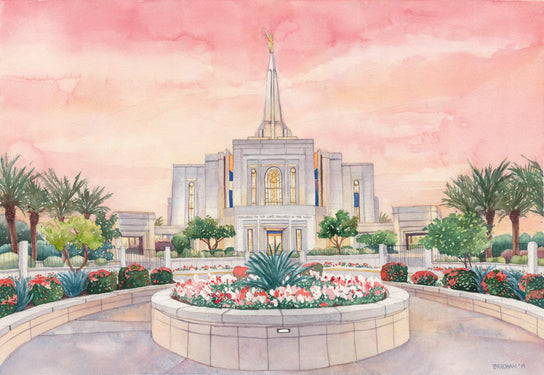 Painting of the Gilbert Temple standing against a pink sky. The flowerbeds are full of color.