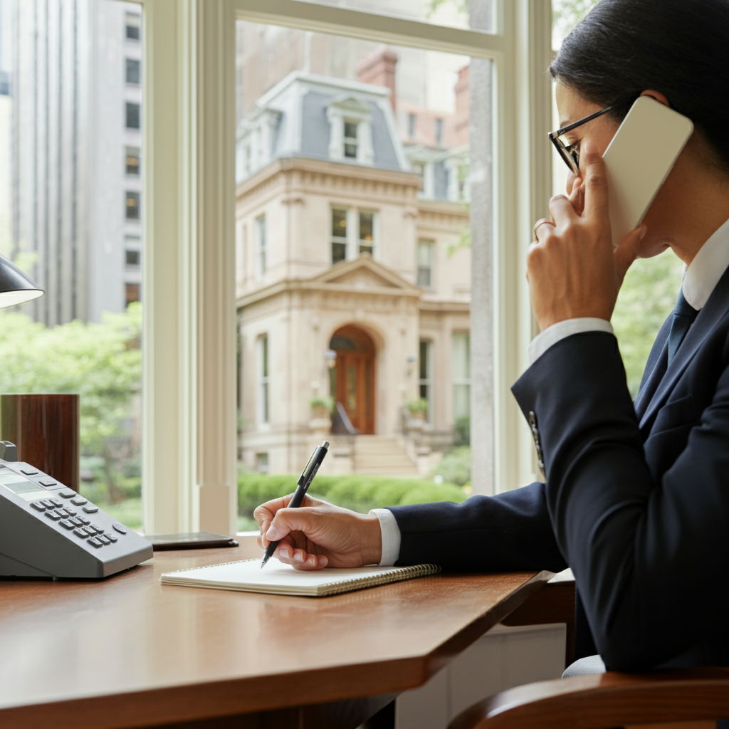A real estate professional making a courteous phone call to inform a buyer's agent about multiple offer situations for a historic Gold Coast property. The agent is taking notes while maintaining a professional demeanor, illustrating how maintaining positive relationships with all parties preserves future opportunities.