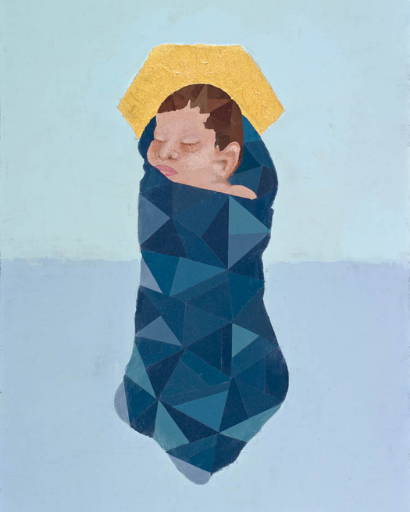 Geometric painting baby Jesus wrapped in a blue blanket with a glowing halo around His head.
