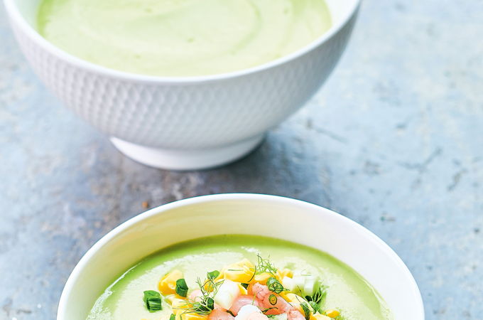 Soupe froide à l’avocat et au fenouil, salade de crevettes nordiques