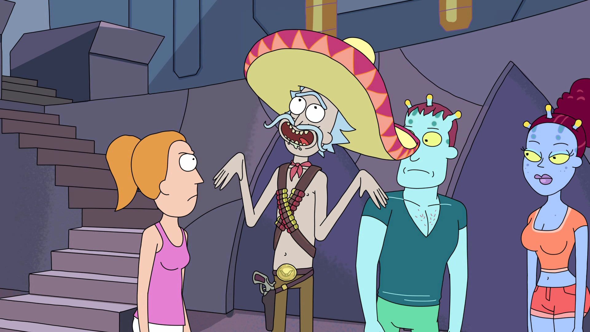 Rick laughing off a joke  while Morty's mom looks at him mad.