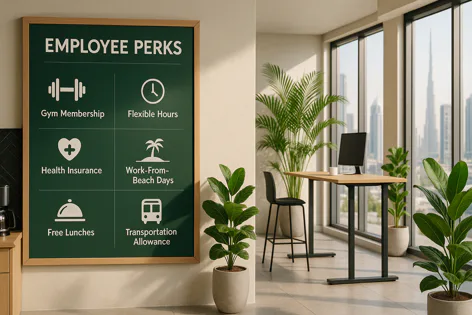 A green board displays Employee Perks: Gym Membership, Flexible Hours, Health Insurance, Work-From-Beach Days, Free Lunches, and Transportation Allowance, in a modern office with a city view.