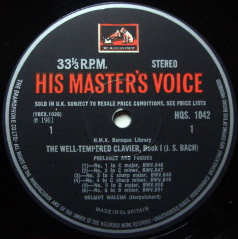 EMI HMV HQS / WALCHA, - Bach Well-Tempered Clavier Book...