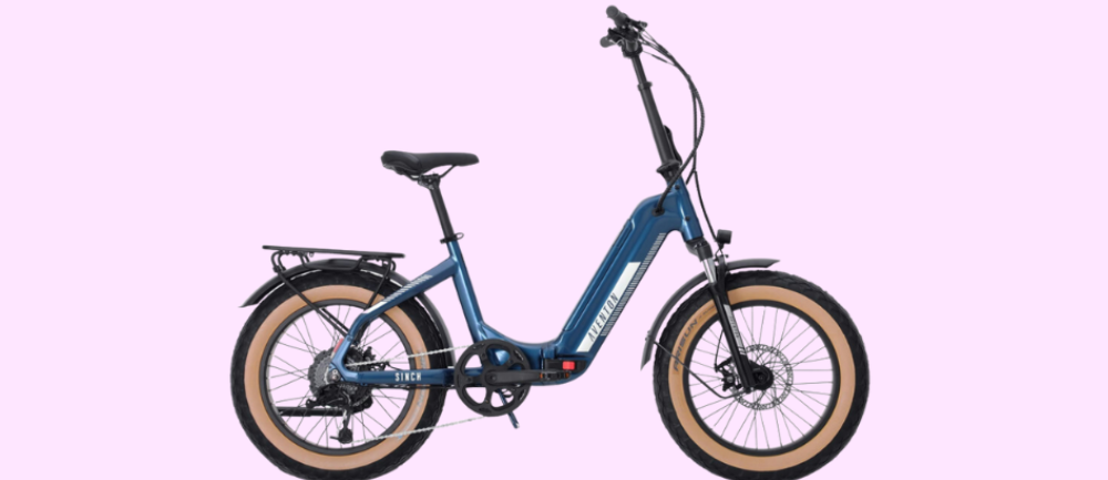a blue aventon sinch electric folding bike