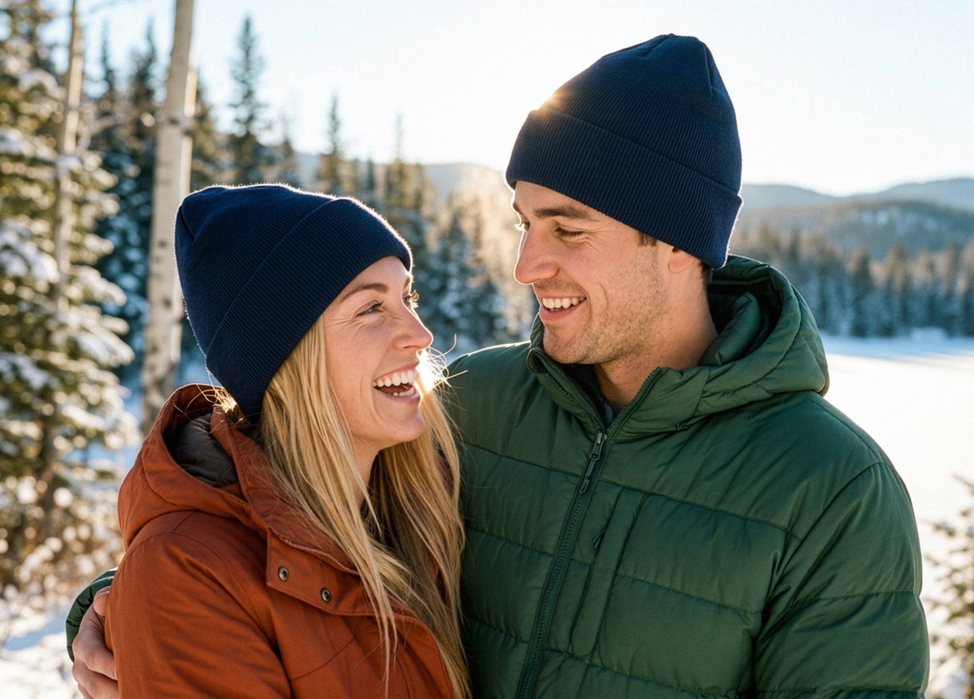 Couple wearing navy knit beanies in a snowy mountain setting