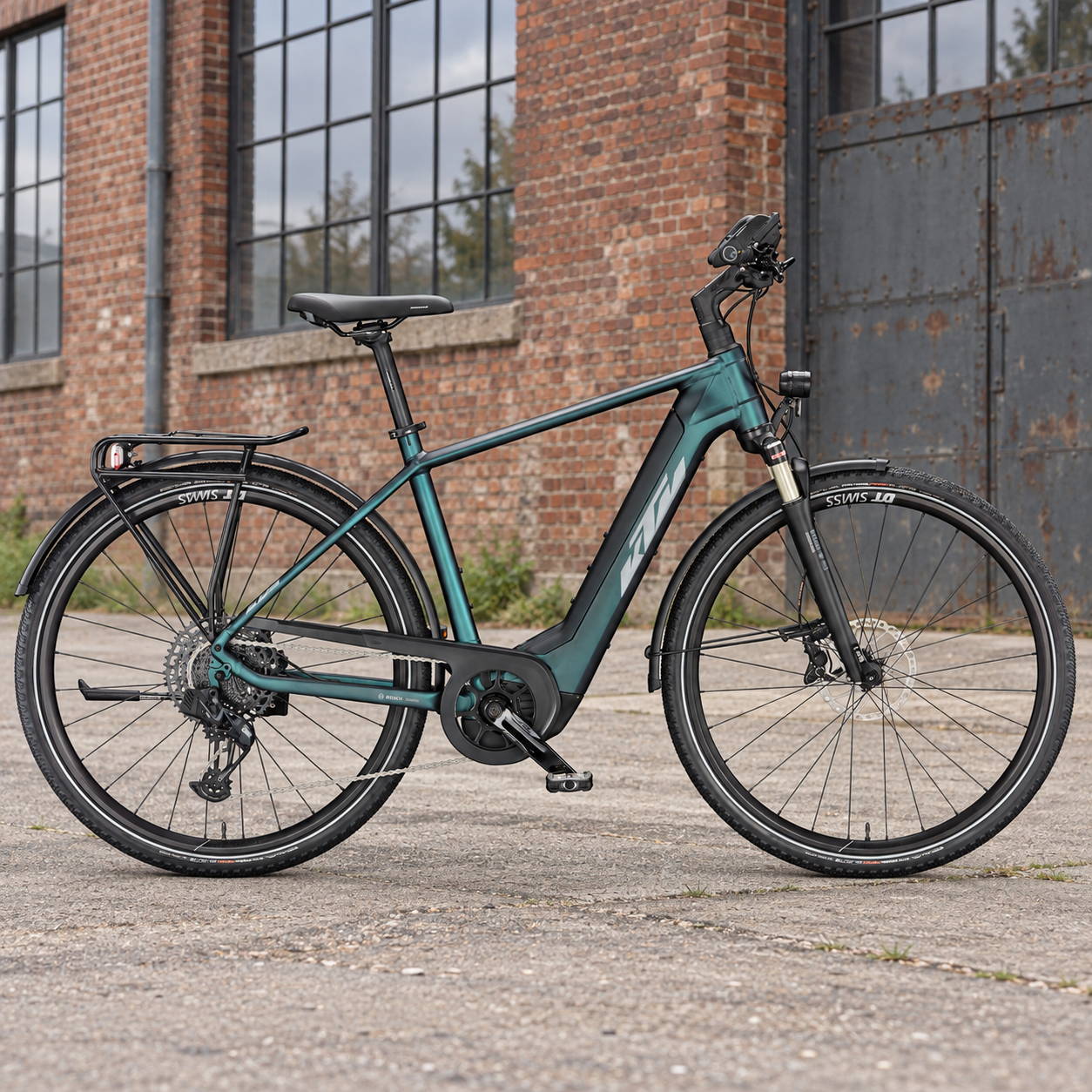 Vélo électrique KTM Macina garé devant un entrepôt en briques