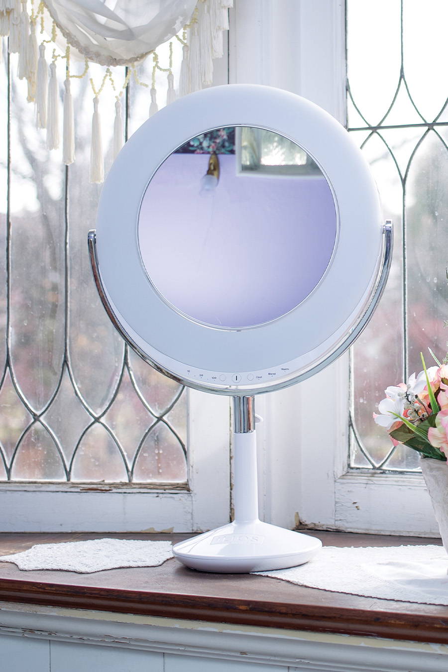 Ilios Lighting Beauty Ring Lighted Makeup Mirror on Vanity Wood Shelf