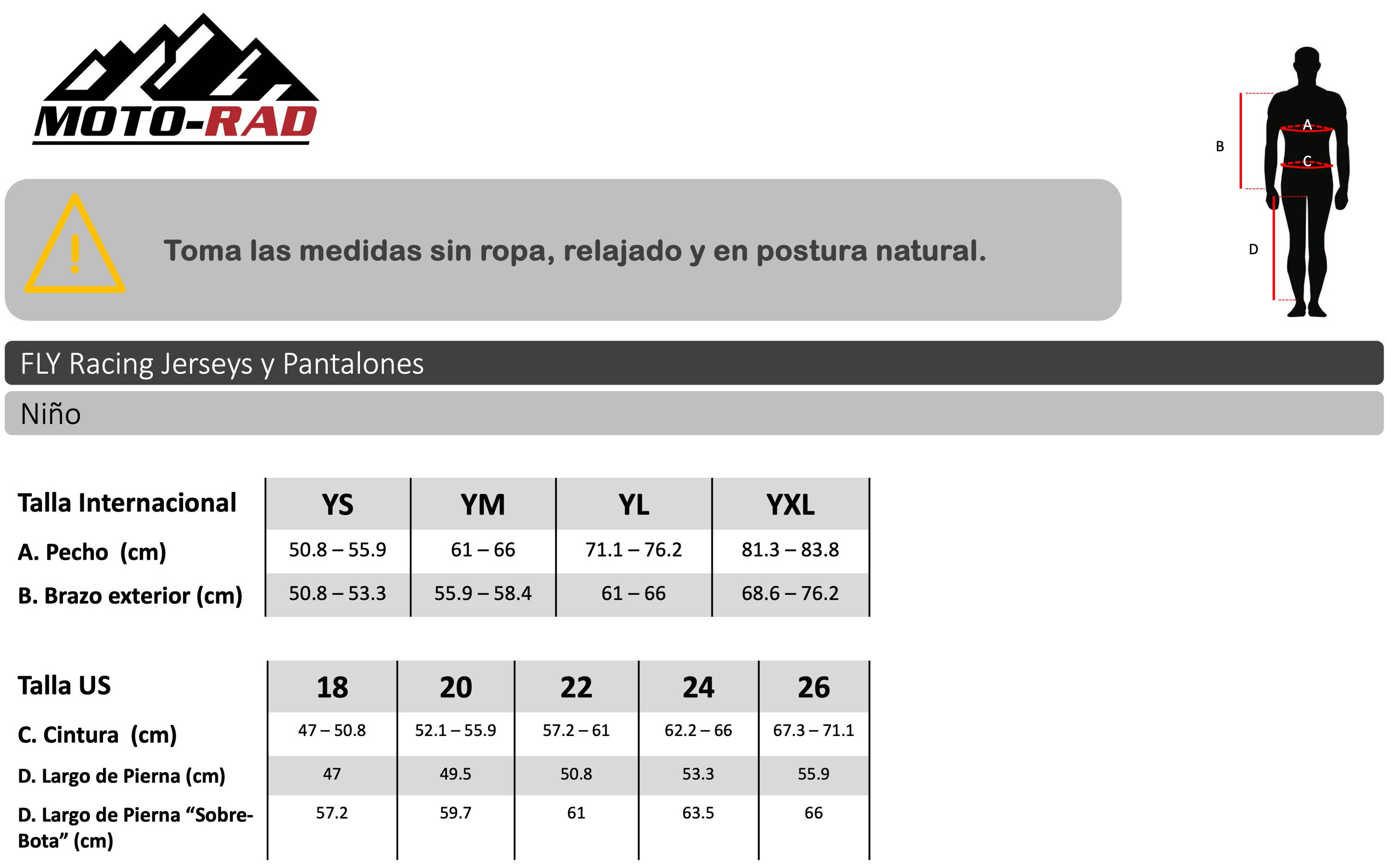 Guia de Tallas Jerseys y Pantalones FLY Racing Niño