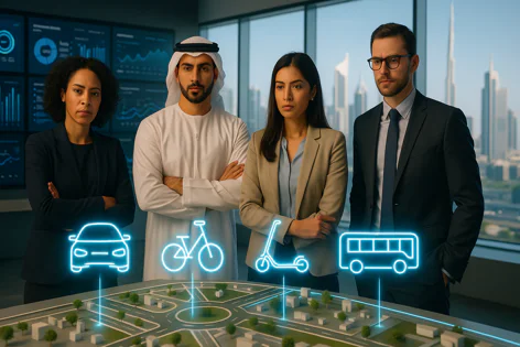 Diverse team discusses urban mobility, using a city model with glowing car, bike, scooter, and bus icons, against data screens and a city skyline.