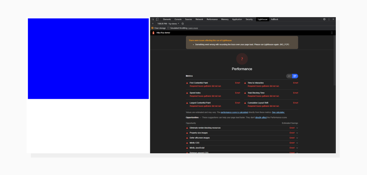 Lighthouse screenshot demonstrating error due to inability to calculate FCP