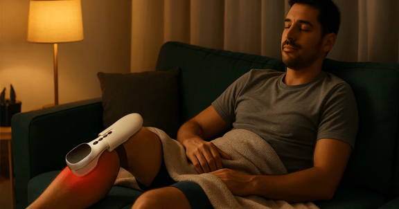 Man using Cold Laser Therapy + TENS device on knee for joint and muscle pain relief at home