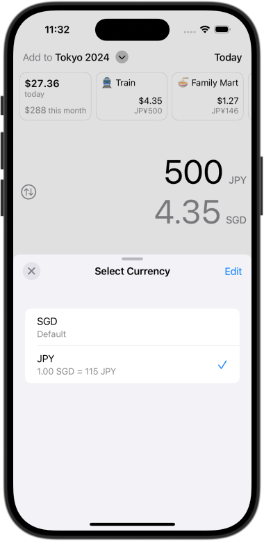 Screenshot of managing multi-currency expenses in CashJot