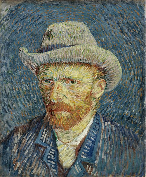 Portrait by Van Gogh, he is wearing a white small curved hat and a blazer. He has a beard as well.