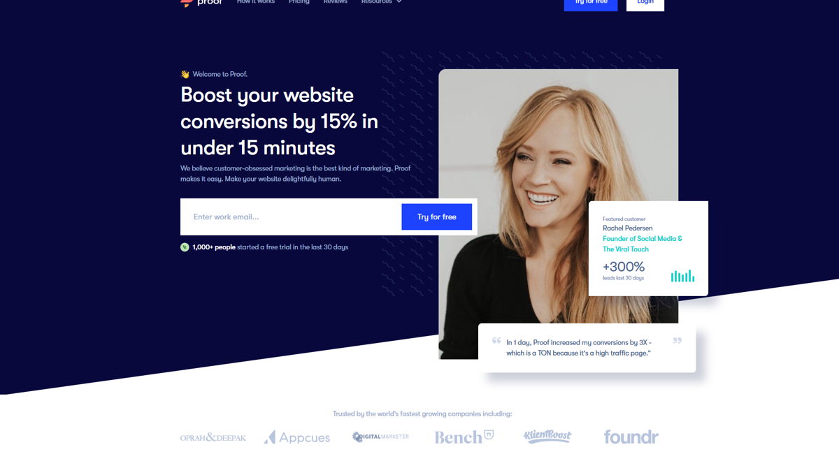 Screenshot of Proof , from the website hero section designs collection.