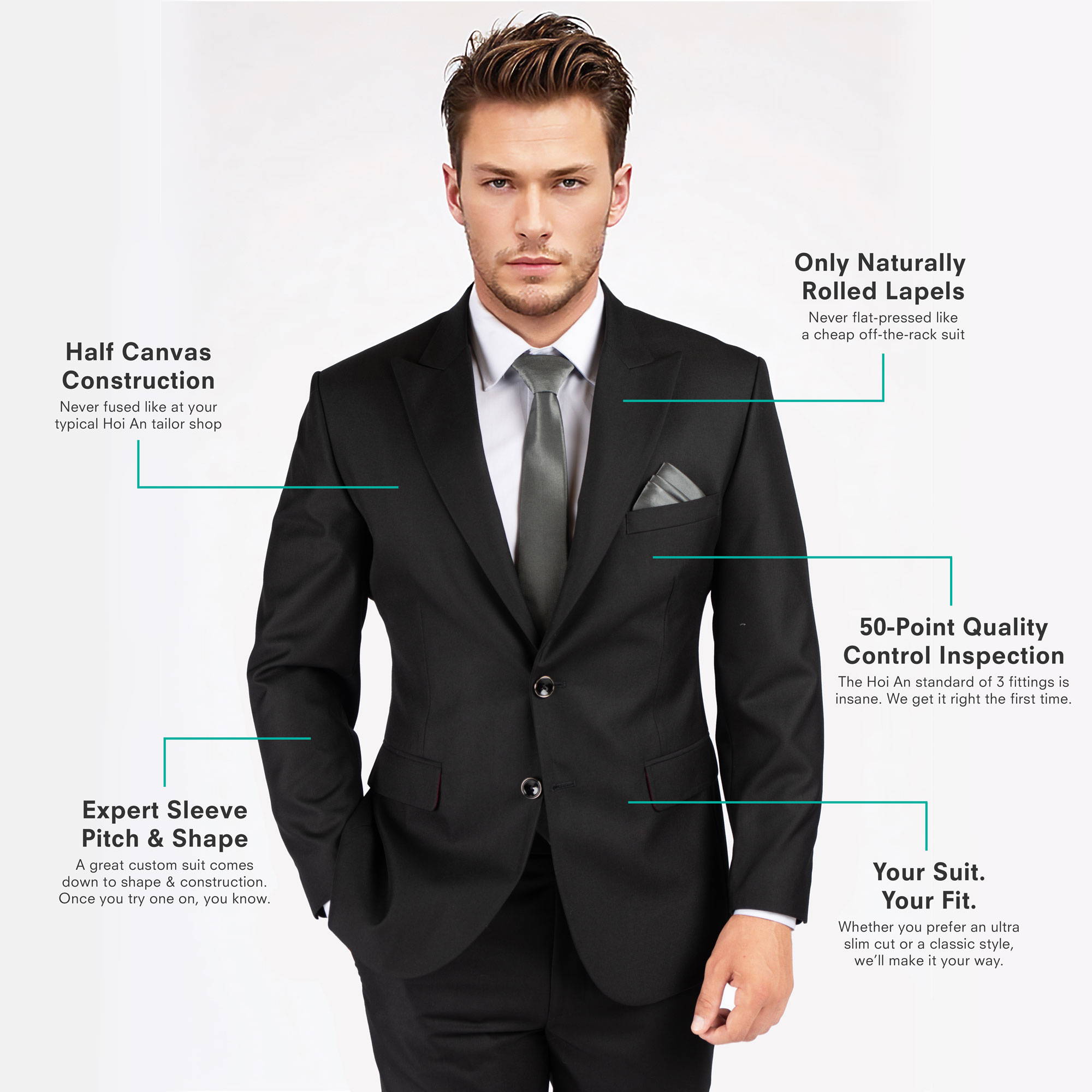A black sharkskin suit on model