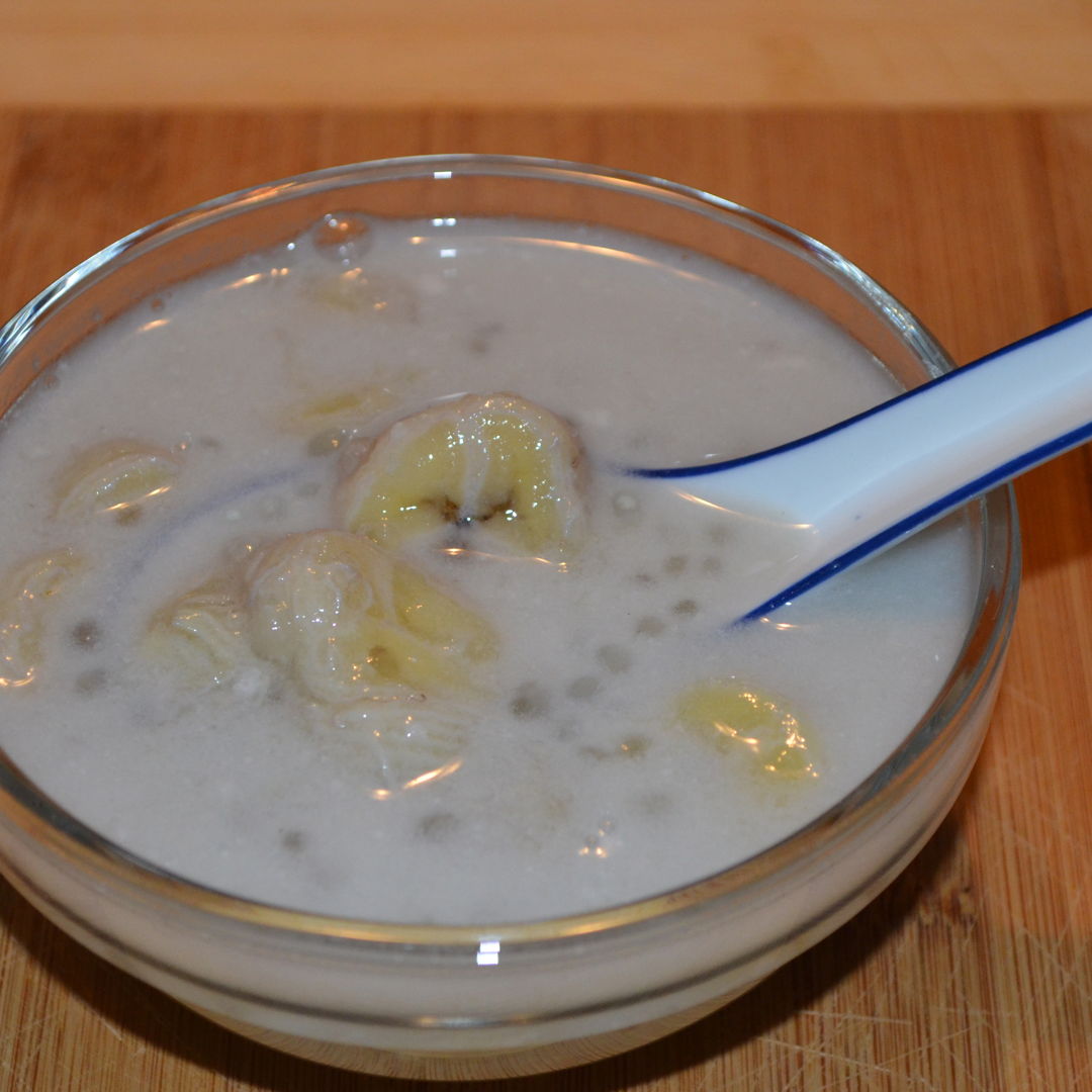 Date: 18 Jan 2020 (Sat)
19th Dessert: Pengat Pisang dengan Sagu dan Gula Putih (Banana Dessert with Sago and White Sugar) [188] [139.3%] [Score: 10.0]
Cuisines: Malay, Malaysian
Dish Type: Dessert

This version of Pengat Pisang is easier to prepare compare to my previous version of Pengat Pisang dengan Sagu dan Gula Merah because we do not have to worry that the sugar would get burned. Palm sugar has the tendency to get burned and become bitter especially when sago is cooked together with the dessert. In this version the sago is prepared separately; it is later added to the dessert. Also, white sugar is used rather than palm sugar.