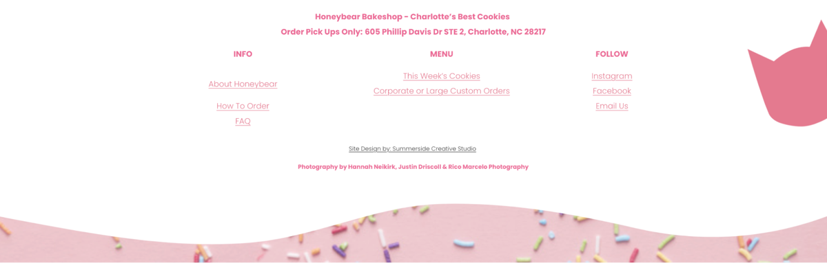 Screenshot of honeybear bake shop, from the website footer designs collection.