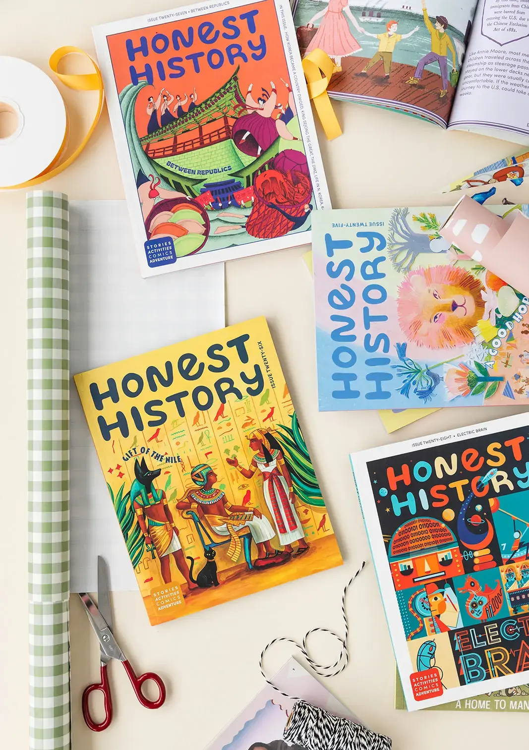 honest history magazines on a table