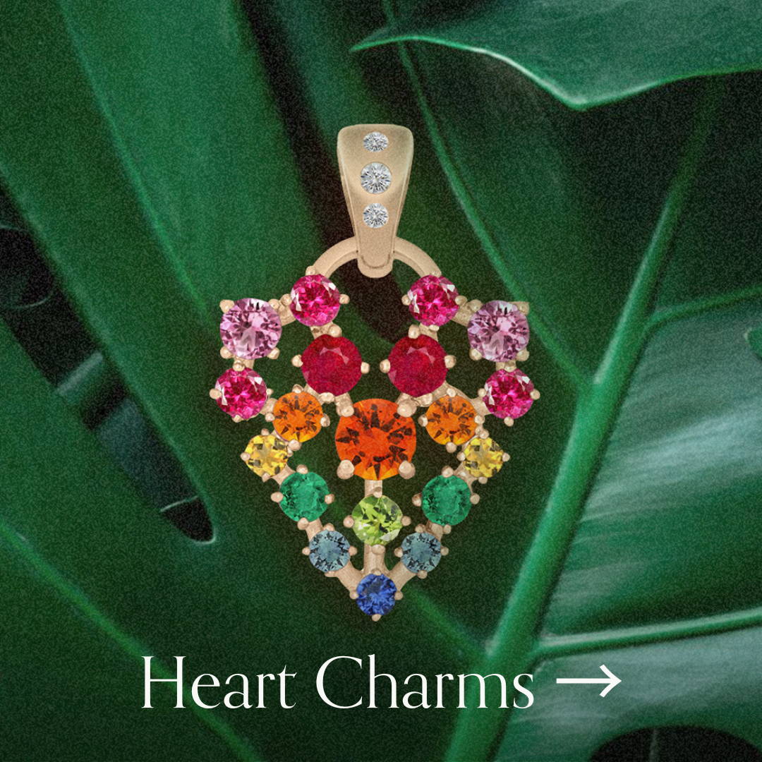 rainbow gemstone heart charms in 14k gold