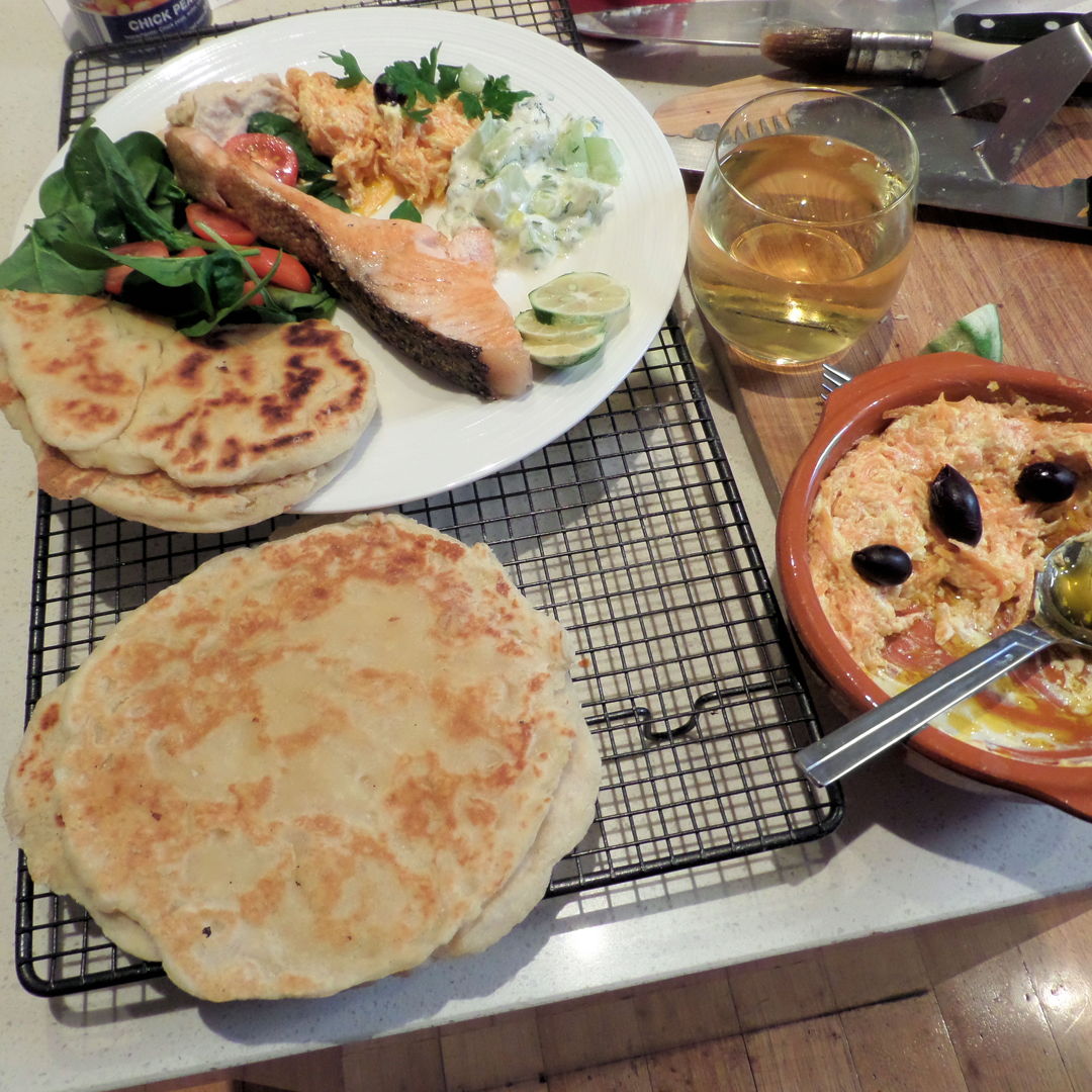 Salmon with Turkish dips and homemade flat bread.