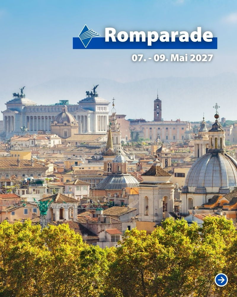 🎺 Große Romparade 2027 🎺

Vom 7. bis 9. Mai 2027 verwandelt sich die Ewige Stadt wieder in einen Treffpunkt für Musikanten, Sänger und Trachtler! 🎶

Die „Große Romparade“, ehemals „Benedetto-Parade“, lädt Musik- und Trachtengruppen zu einem besondere