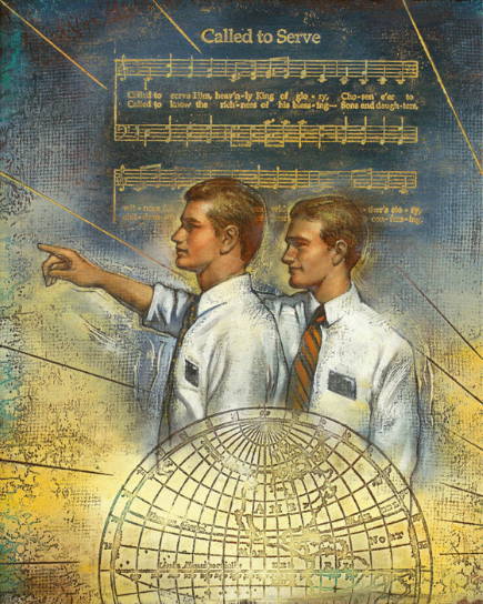 Two lds missionaries. "Called to Serve" lyrics are in the background.