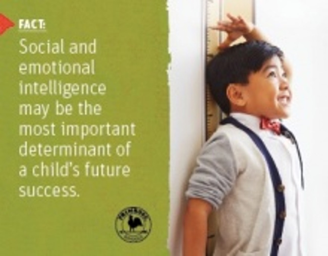 Scientific fact about intelligence in children next to a picture of a young boy excitedly measuring his height