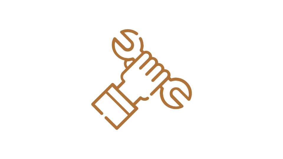 Orange image of a hand with tools - icon style