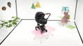 Cybex Platinum campaign image showcasing three luxury baby strollers (Mios, Priam, and Coya) in a modern minimalist room, with black and rose gold finishes, styled on colorful platforms alongside decorative wall art and the text “The New Luxury of Travel.”