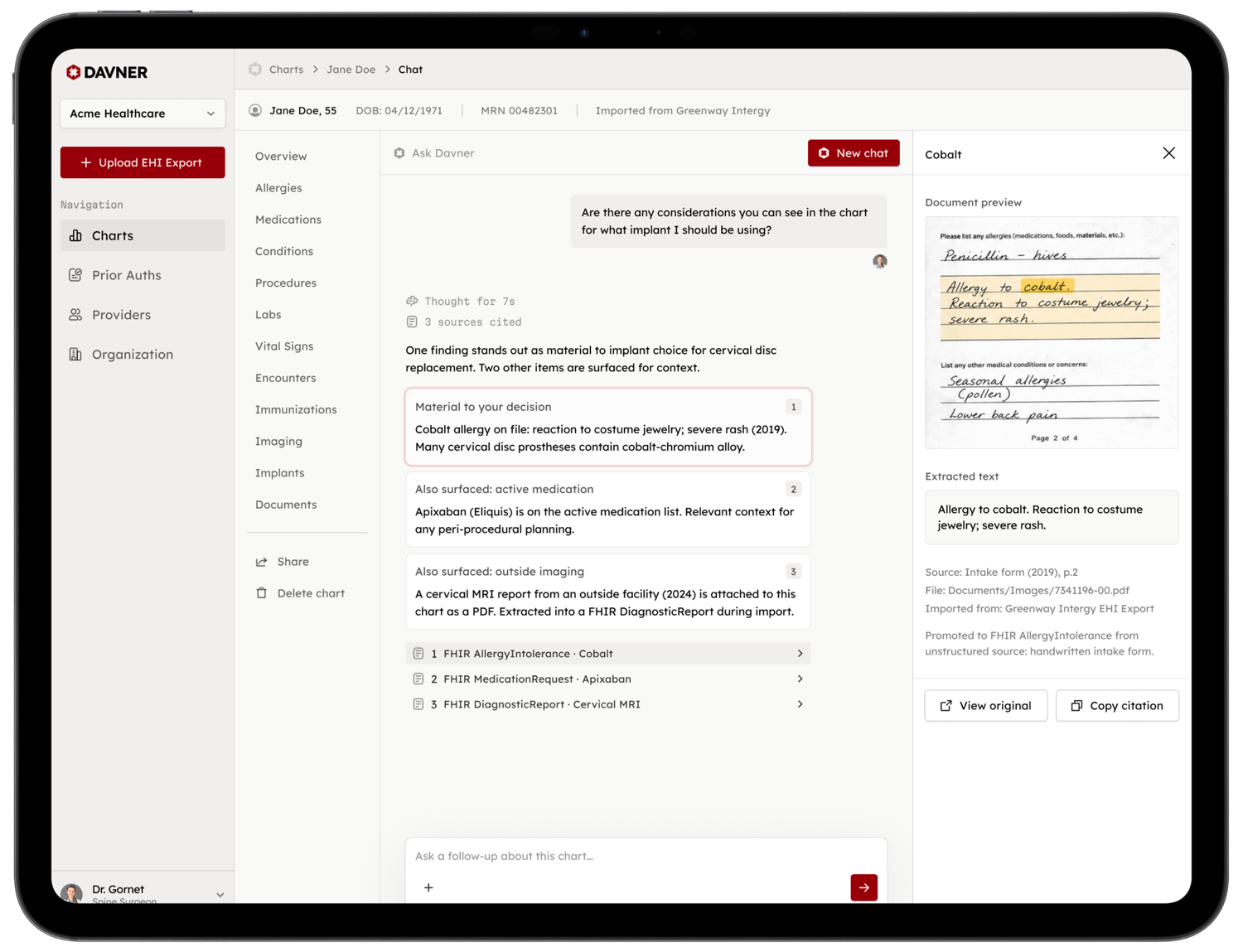 Chartfile in the Davner app on a tablet: a patient chart summarized with cited sources and extracted text