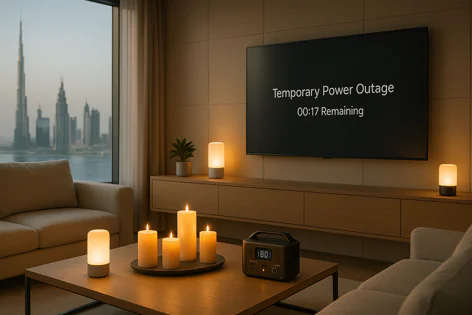 Living room during power outage. Candles, portable lights, and a power station illuminate the space. TV shows outage countdown. City view visible.