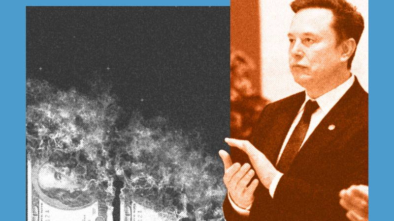 A photo illustration of Elon musk applauding dissolving money.