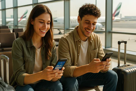 Smiling man and woman sitting in an airport waiting area, engrossed in their smartphones. Large windows behind them show airplanes on the tarmac. Luggage is visible beside them.