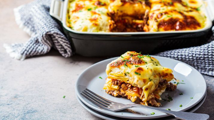 Moussaka, a layered dish with eggplant, minced meat, and béchamel sauce