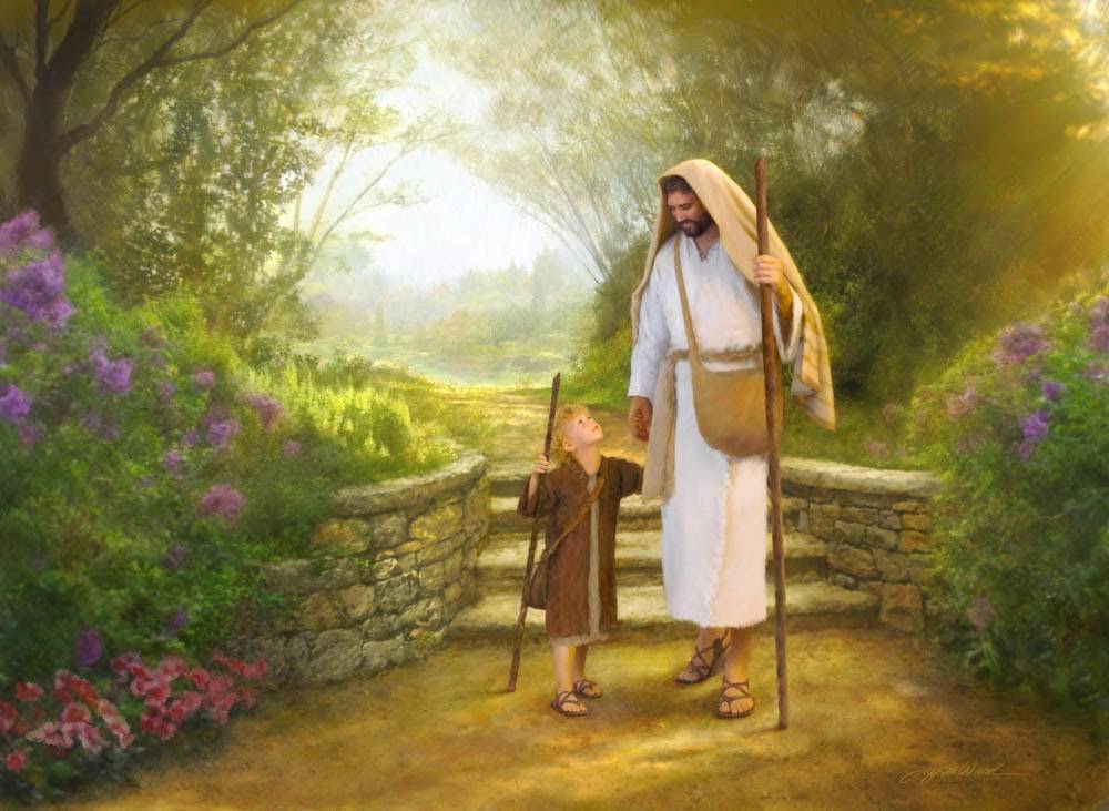 Jesus walking along a path with a young shepherd.