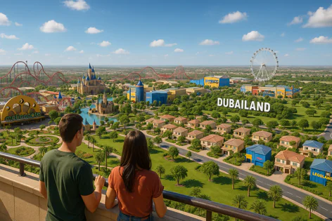 A couple looks out from a balcony over a vast theme park complex featuring roller coasters, a castle, and a residential area labeled DIRA.
