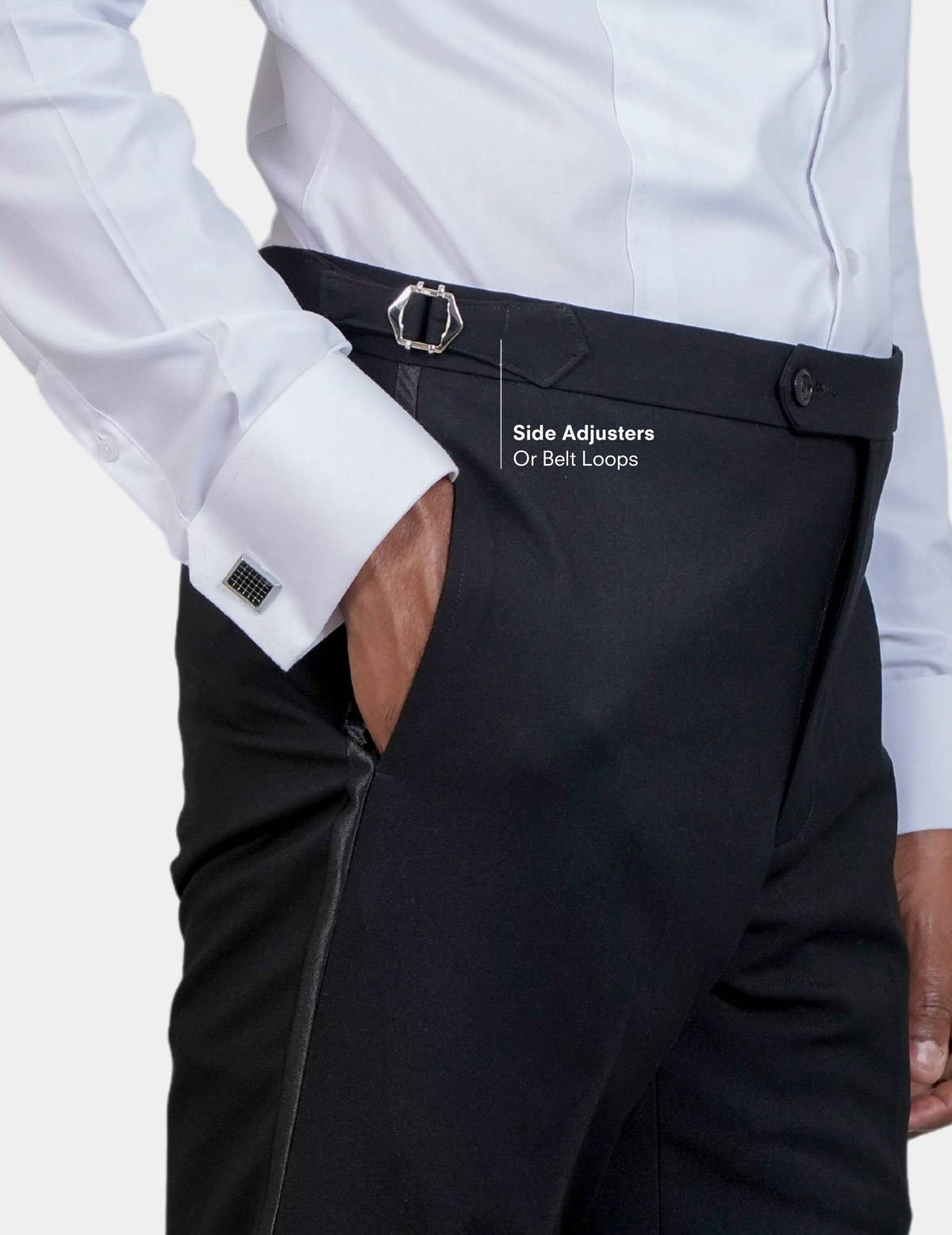 side view of tuxedo pants with side adjusters