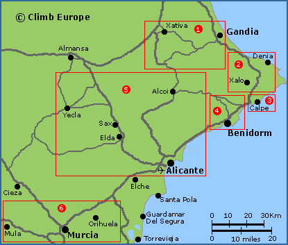 Map of the Rock climbing areas within Costa Blanca