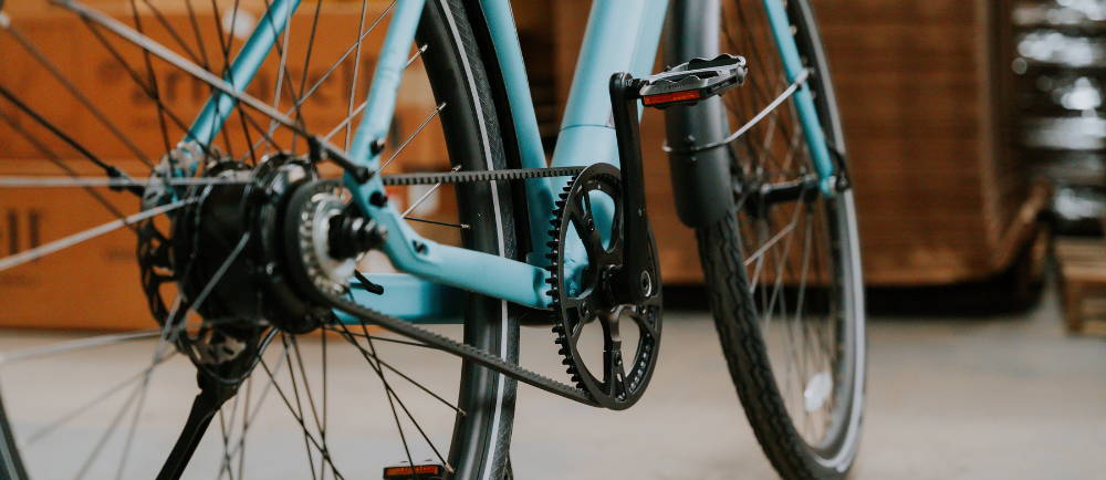 Close up of belt drive and rear hub motor of Tenways electric city bike