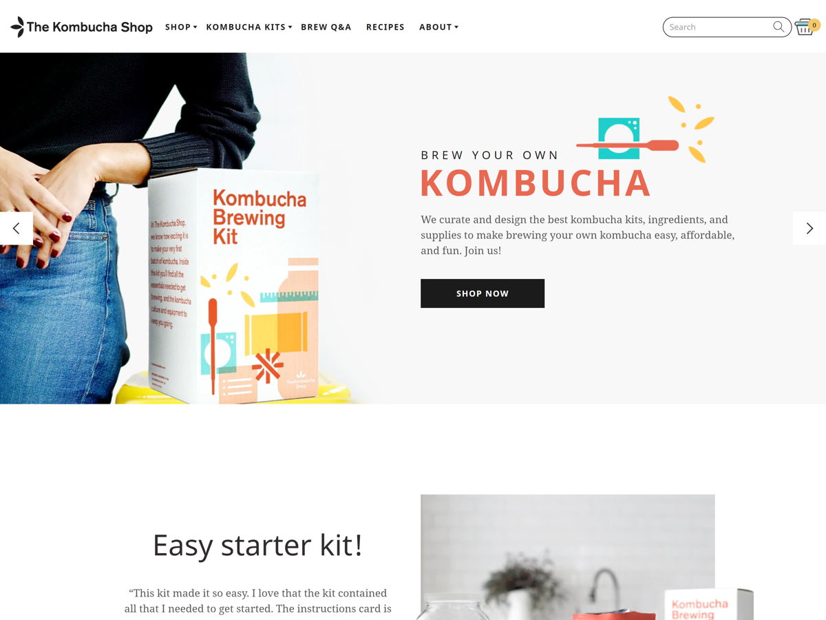 Screenshot of The Kombucha Shop, from the food websites collection.