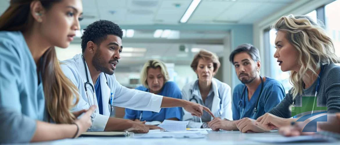 Diverse healthcare team collaborating in a bright hospital room