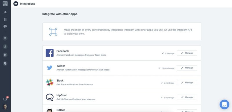 Intercom's Integrations Hub in 2016