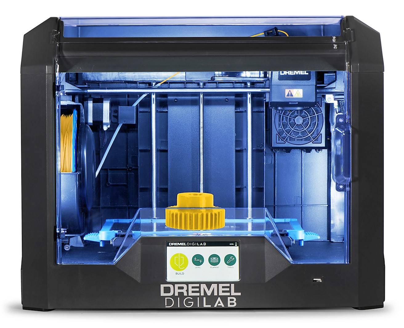 Front image of 3D45-01 3D printer with printed gear on bed, powered on and lit up.