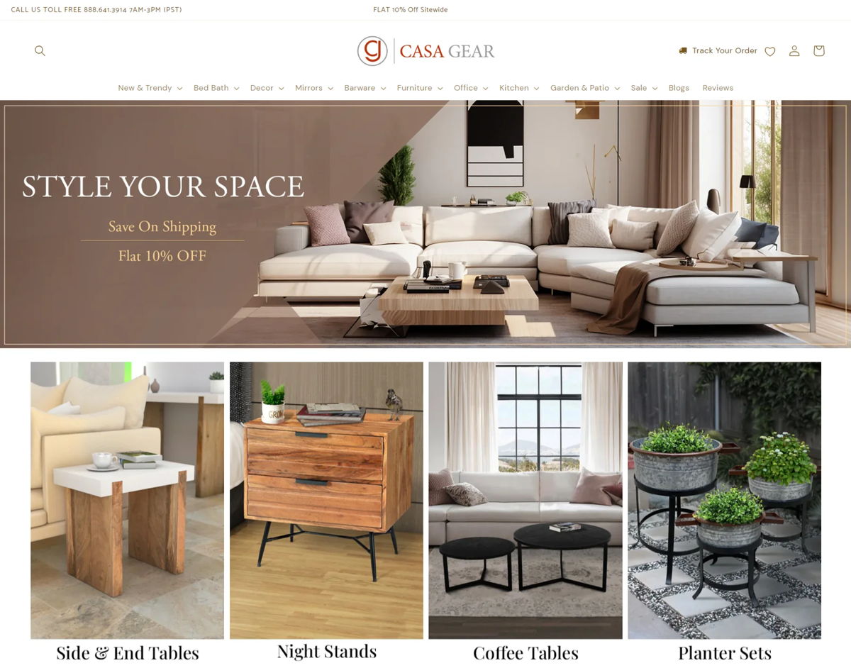 Screenshot of Casagear, from the shopify furniture stores collection.