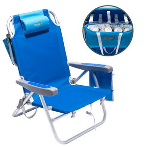 SUNNYFEEL Low Beach Chair 5 Position Lay Flat, Portable Folding Backpack Beach Chairs Heavy Duty with Cooler Bag, Cup Holder for Outdoor/Lawn/Trip/Picnic/Fishing, Foldable Camping Chair (New Blue)