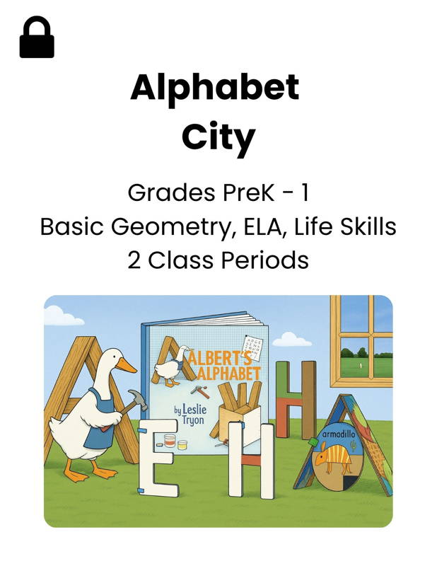 Image of an Alphabet City STEM lesson for early learners showing letters built from cardboard shapes and 3DuxDesign connectors inspired by the book Albert’s Alphabet. A playful goose character assembles letter structures while children explore basic geometry literacy and hands-on building in a PreK–1 classroom setting.