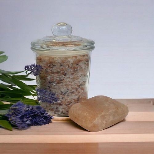 Himalayan Bath Salts Infused with Lavender Essential Oil - Includes Glass Jar plus Himalayan Therapy Salt Soap